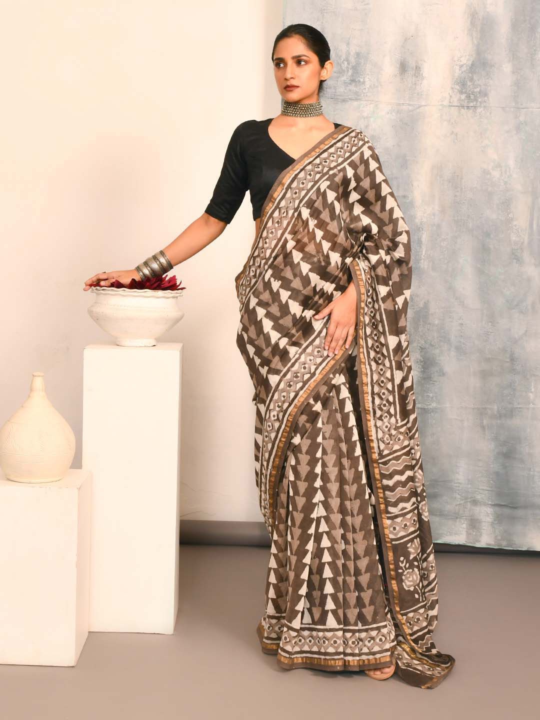 

Indethnic Geometric Printed Zari Silk Cotton Bagru Saree, Brown