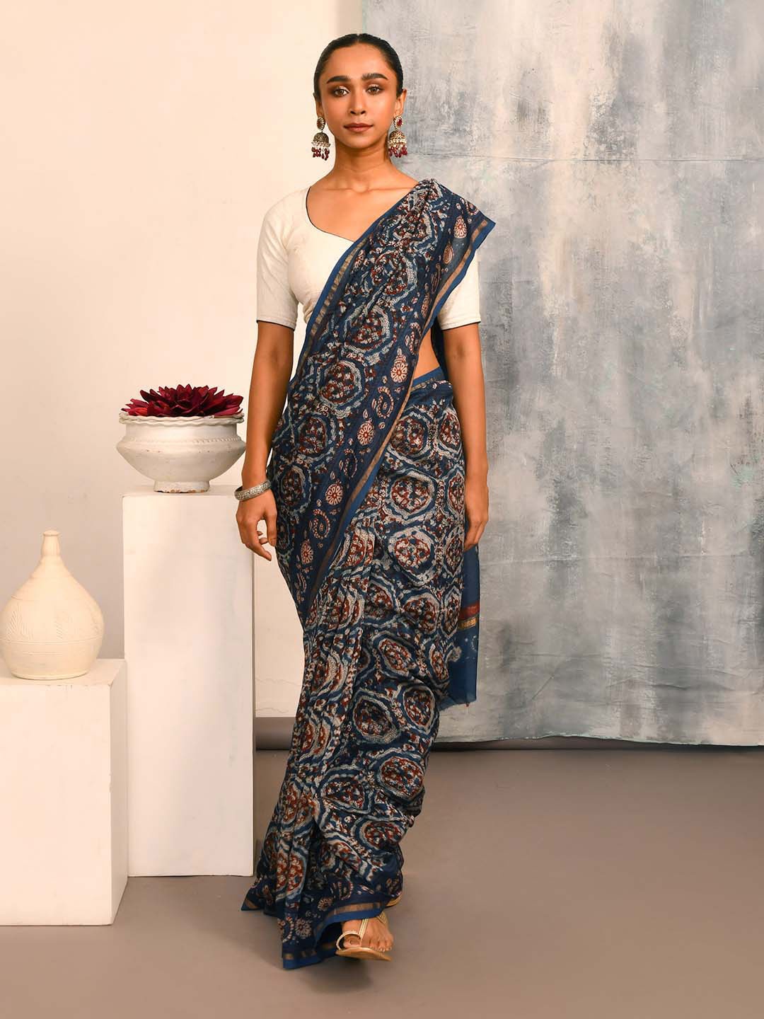 

Indethnic Ethnic Motifs Printed Zari Silk Cotton Bagru Saree, Navy blue