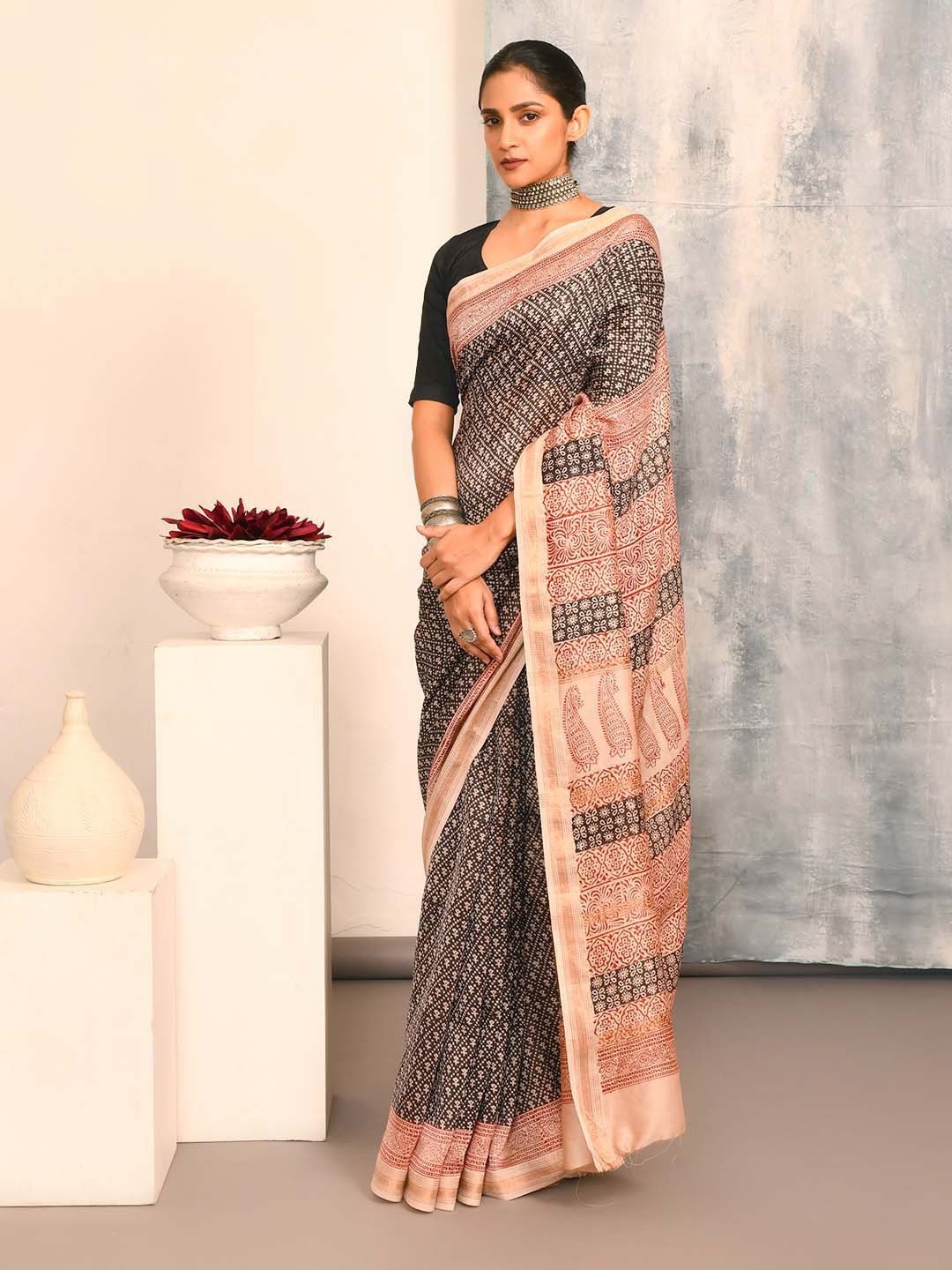 

Indethnic Ethnic Motifs Printed Zari Silk Cotton Bagru Saree, Black