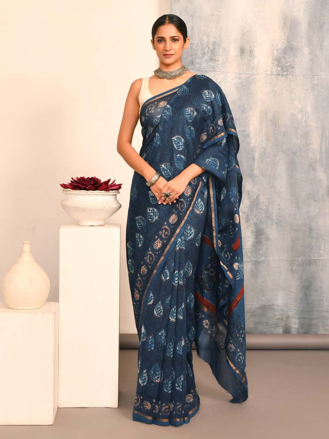 

Indethnic Ethnic Motifs Printed Zari Silk Cotton Bagru Saree, Navy blue