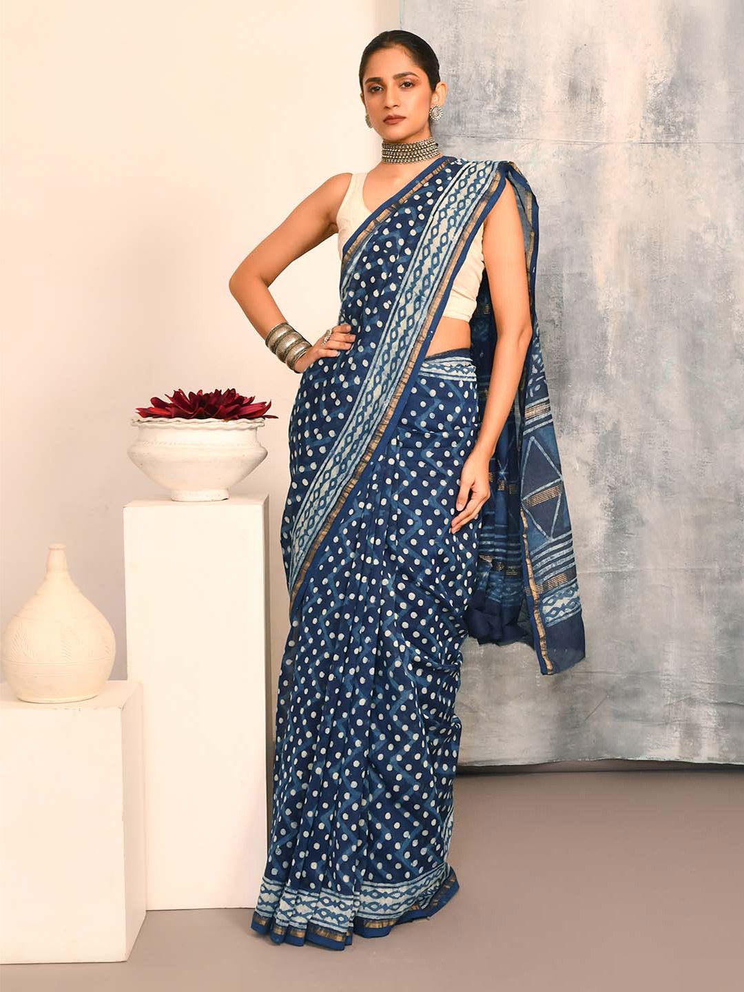 

Indethnic Polka Dot Printed Zari Silk Cotton Bagru Saree, Navy blue