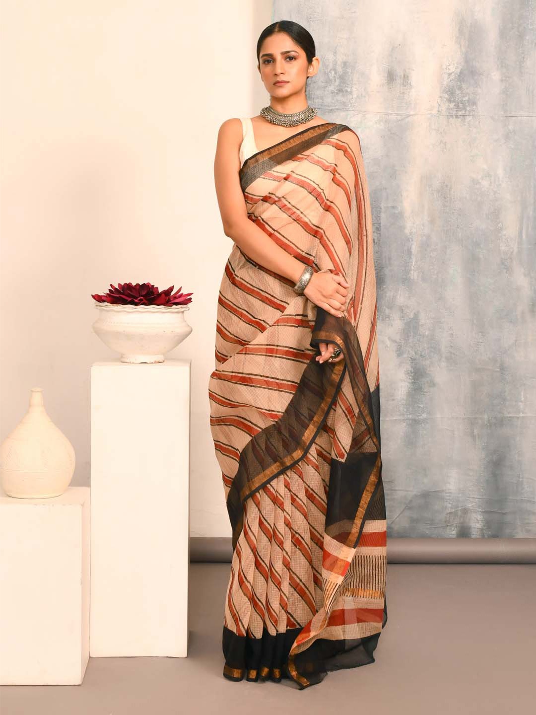 

Indethnic Striped Zari Silk Cotton Bagru Saree, Red