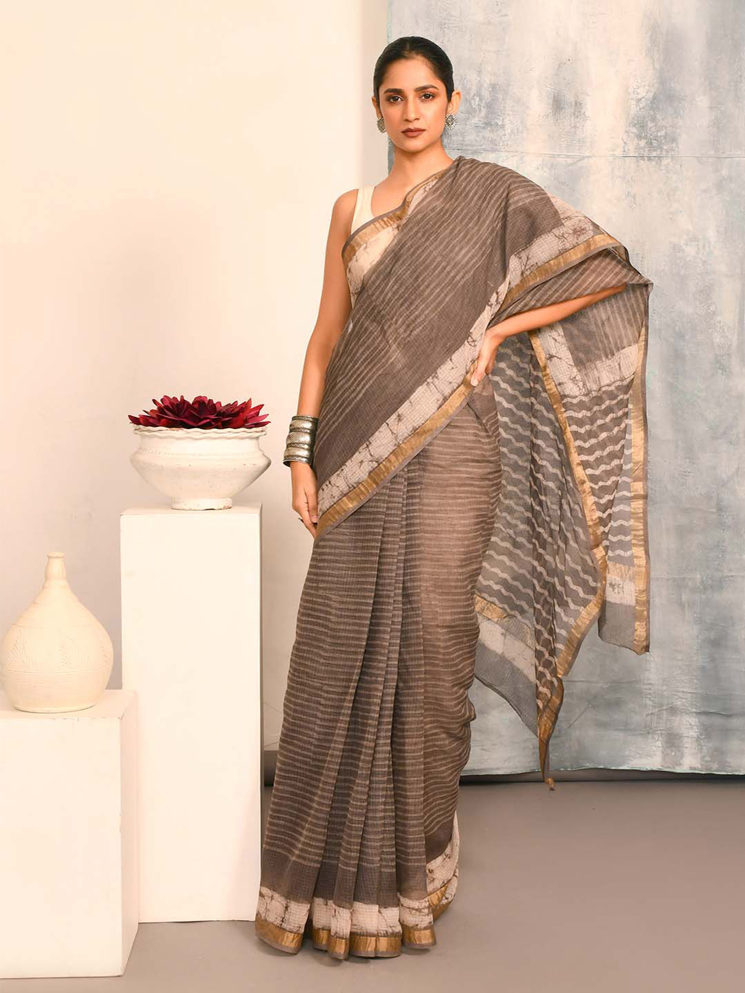 

Indethnic Striped Zari Silk Cotton Bagru Saree, Brown