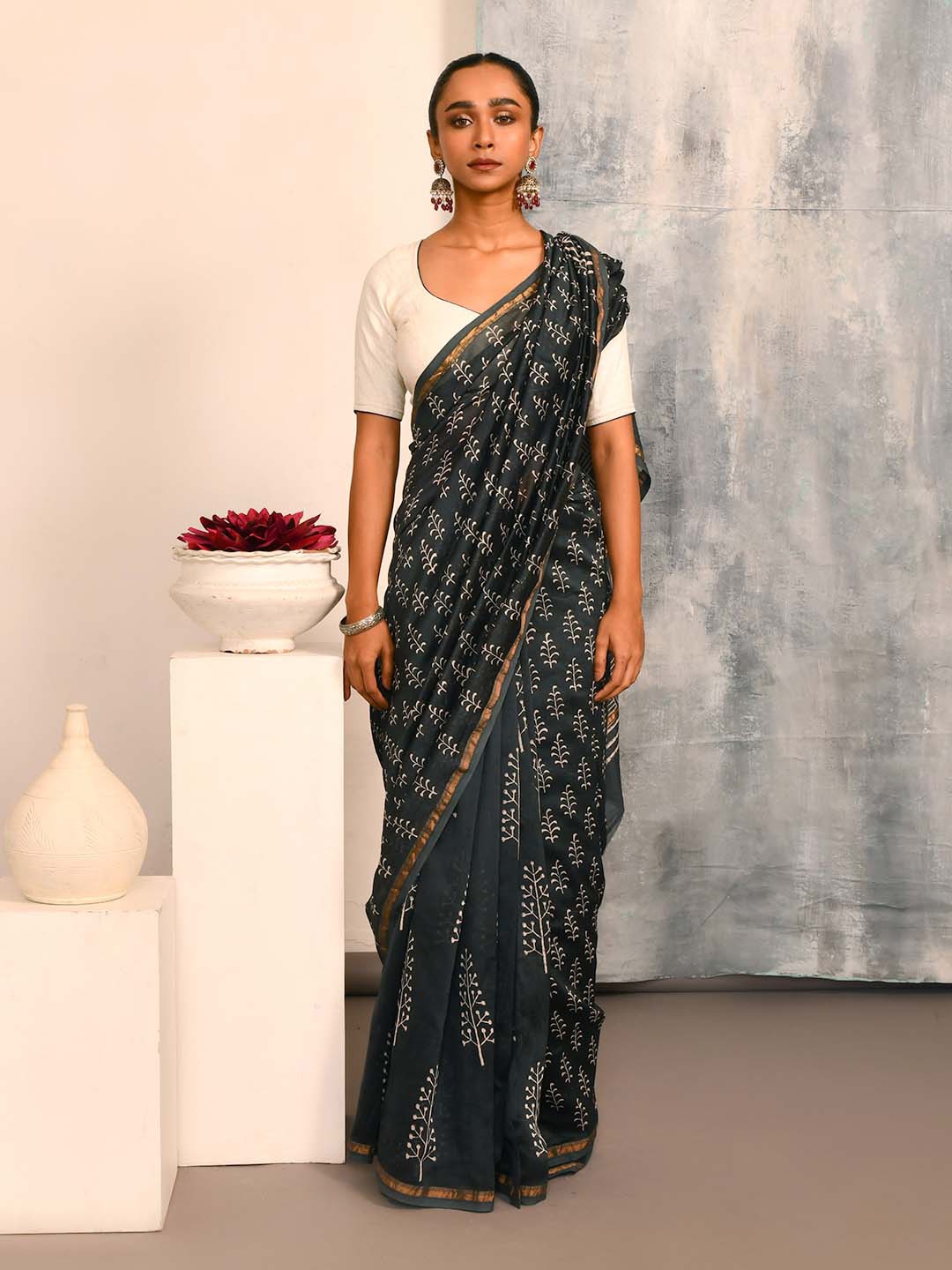 

Indethnic Ethnic Motifs Printed Zari Silk Cotton Bagru Saree, Navy blue