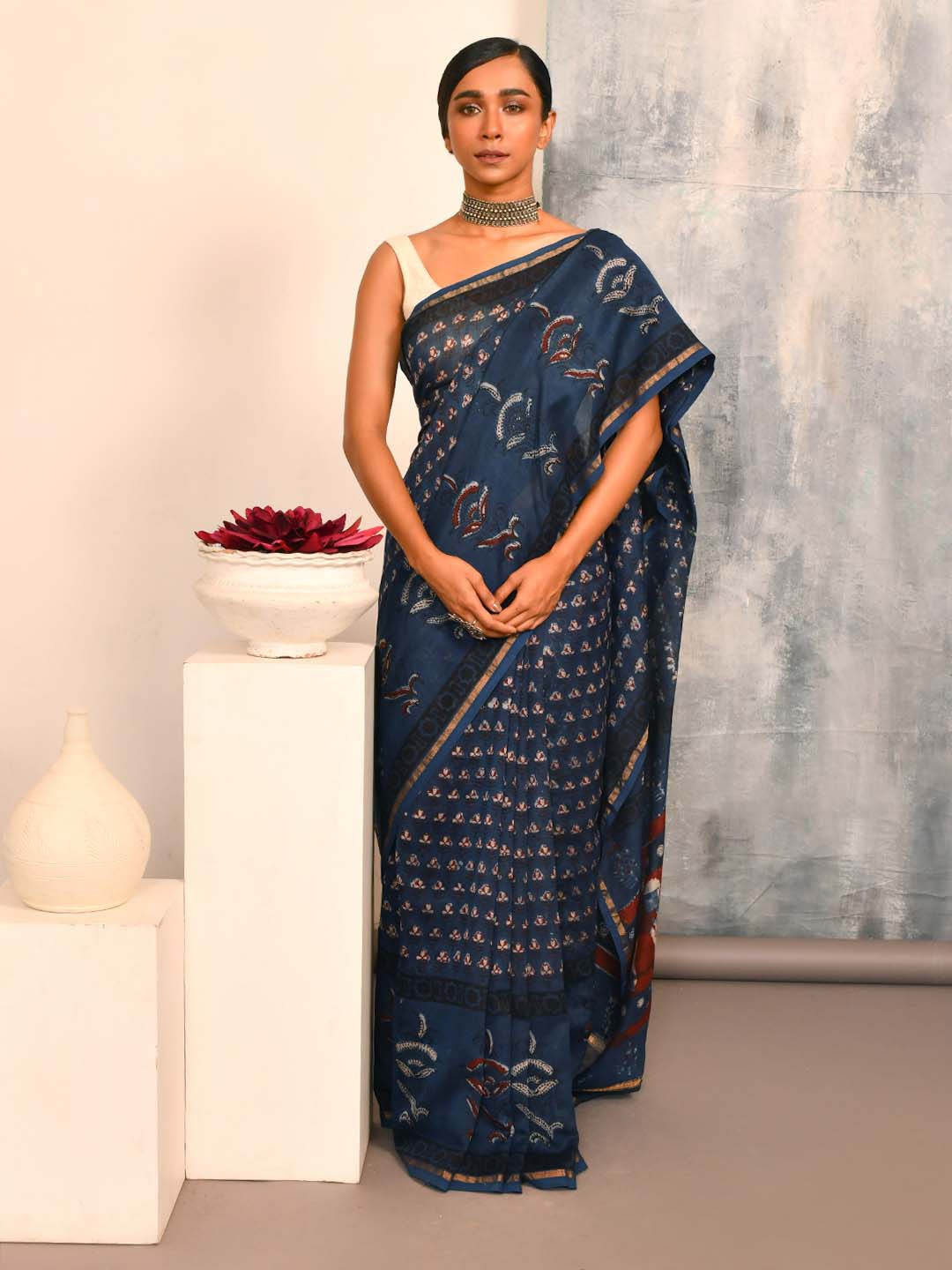 

Indethnic Ethnic Motifs Printed Zari Silk Cotton Bagru Saree, Navy blue