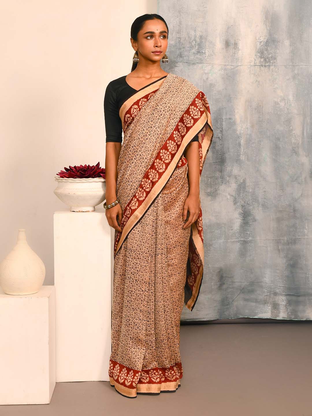 

Indethnic Floral Printed Zari Silk Cotton Bagru Saree, Beige