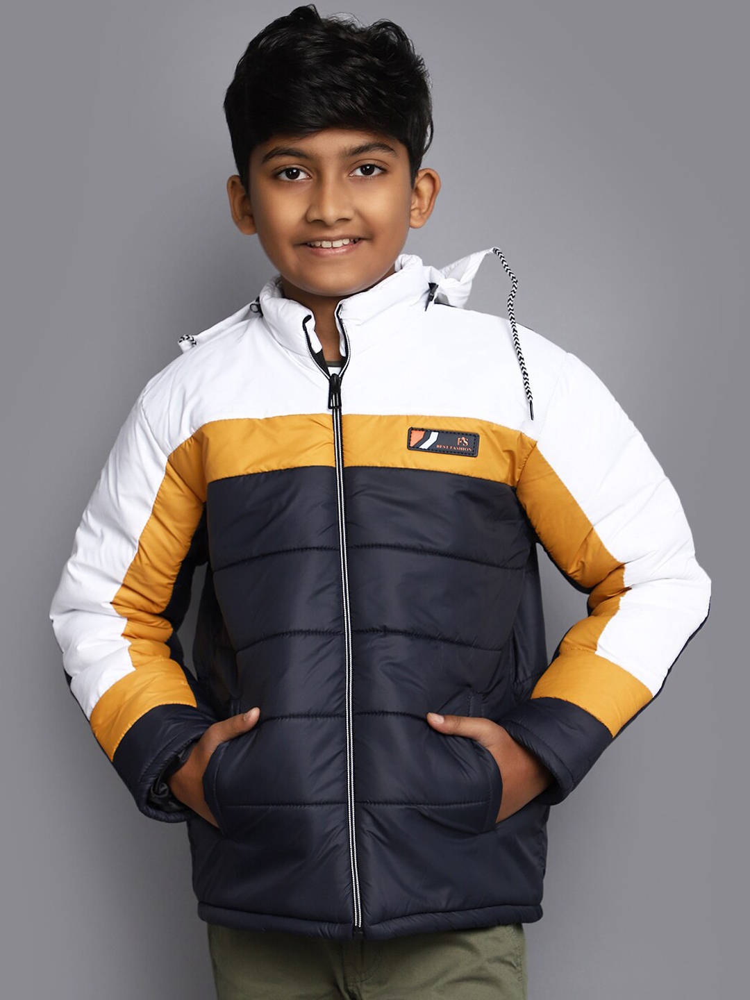 

V-Mart Boys Colourblocked Hooded Lightweight Cotton Puffer Jacket, Navy blue