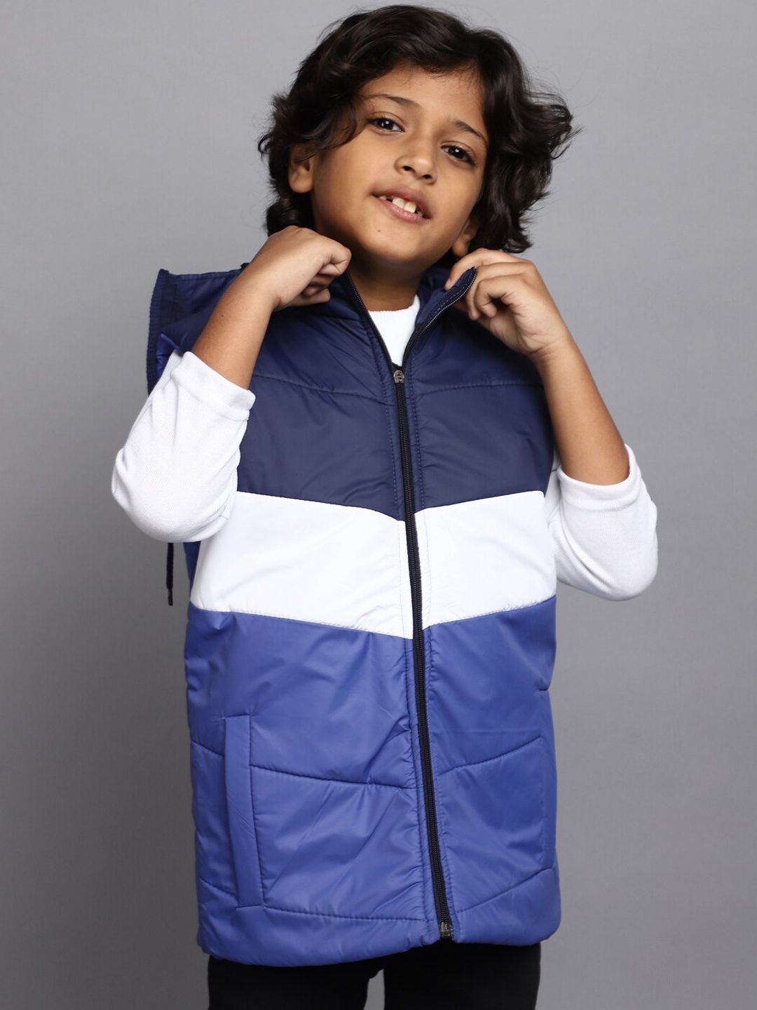 

V-Mart Boys Colourblocked Hooded Lightweight Cotton Padded Jacket, Blue