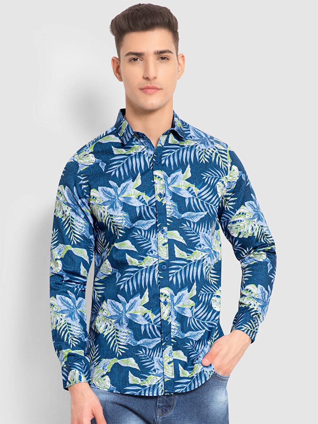 

Beyoung Floral Printed Spread Collar Twill Cotton Casual Shirt, Blue