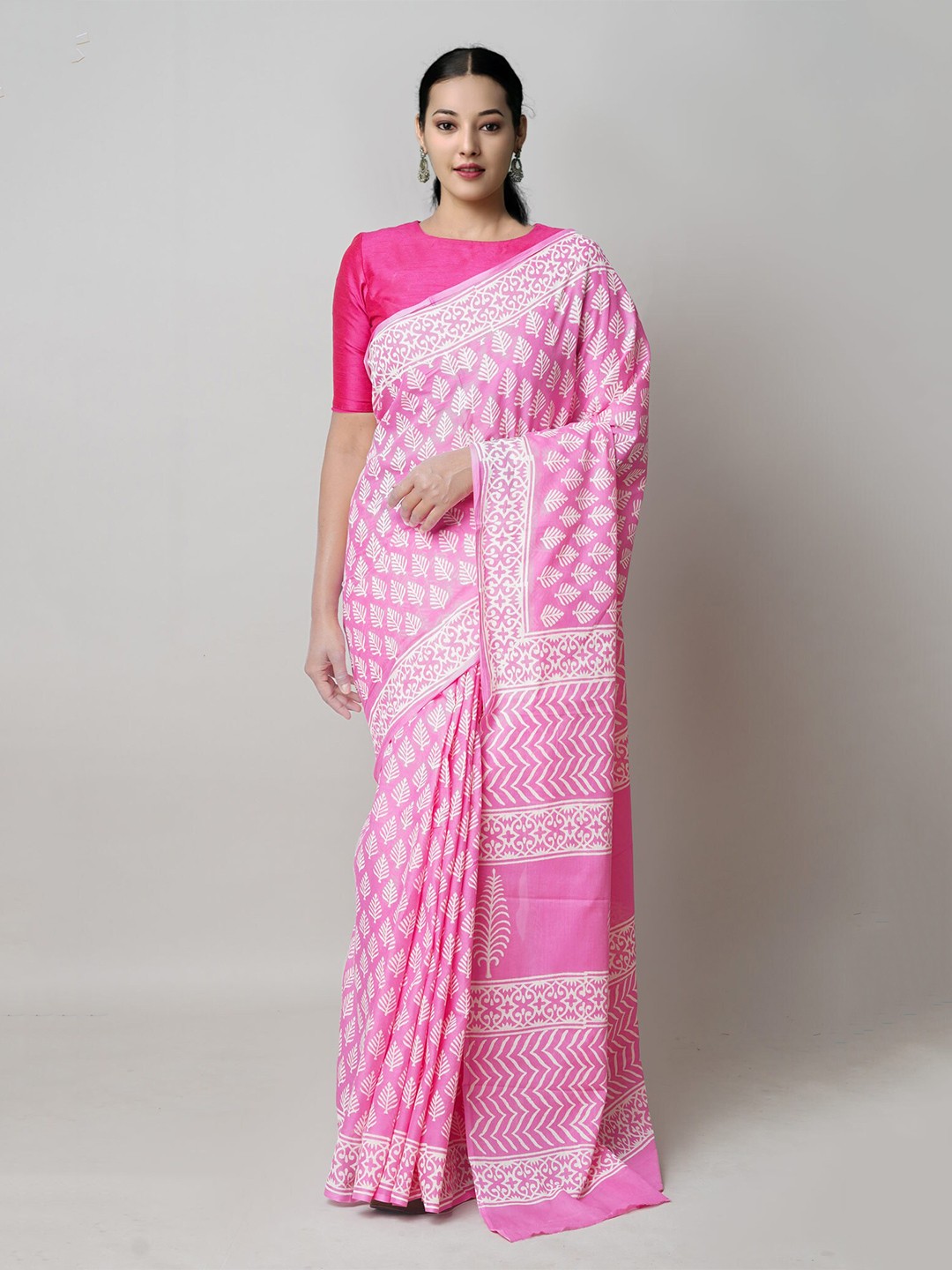 

Unnati Silks Ethnic Motifs Block Printed Pure Cotton Saree, Pink