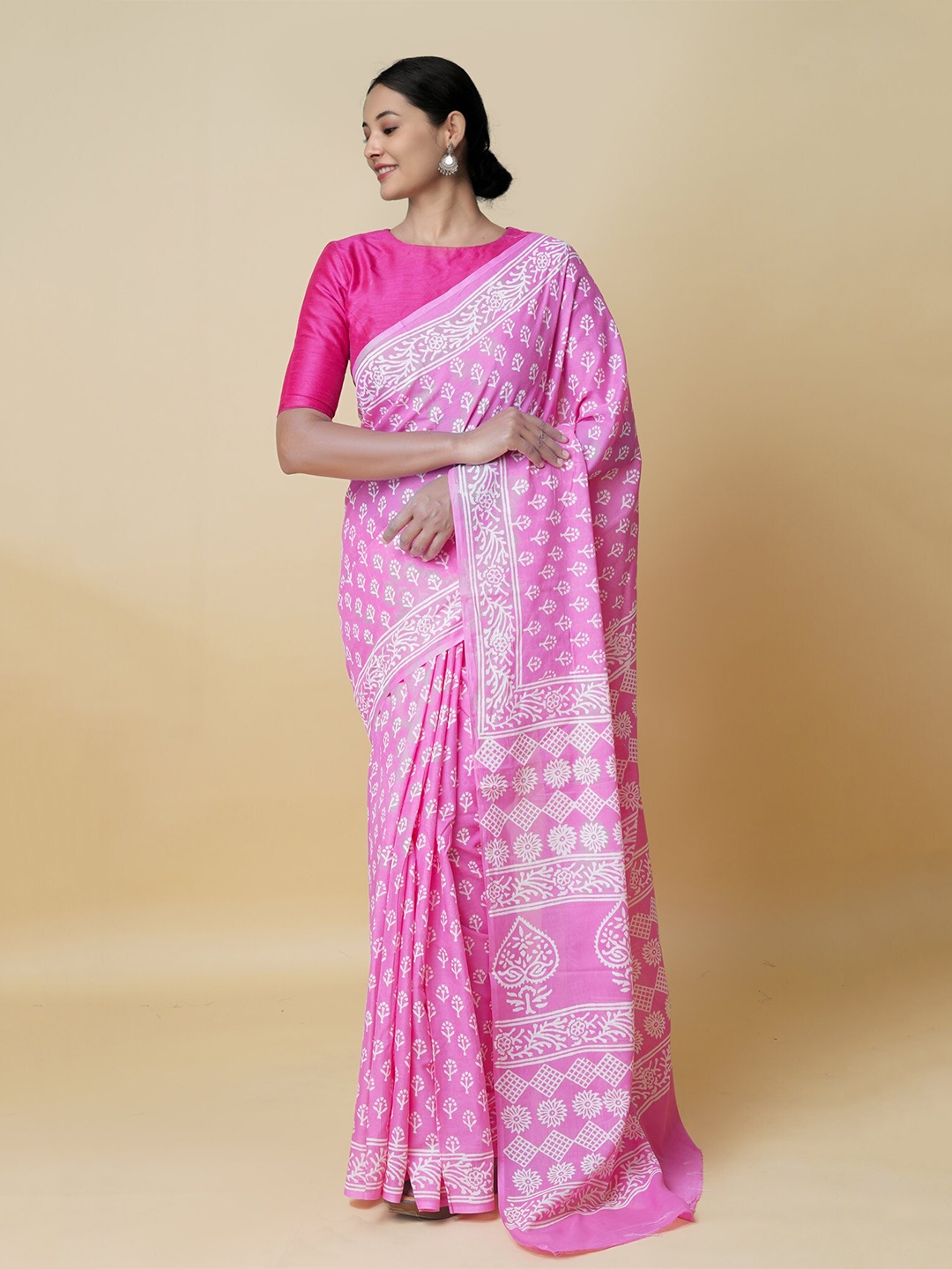 

Unnati Silks Ethnic Motifs Pure Cotton Handloom Block Print Saree, Pink