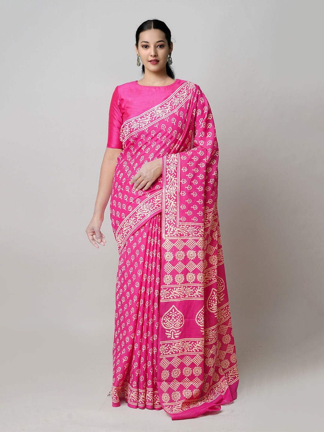 

Unnati Silks Ethnic Motifs Printed Pure Cotton Handloom Block Print Saree, Pink