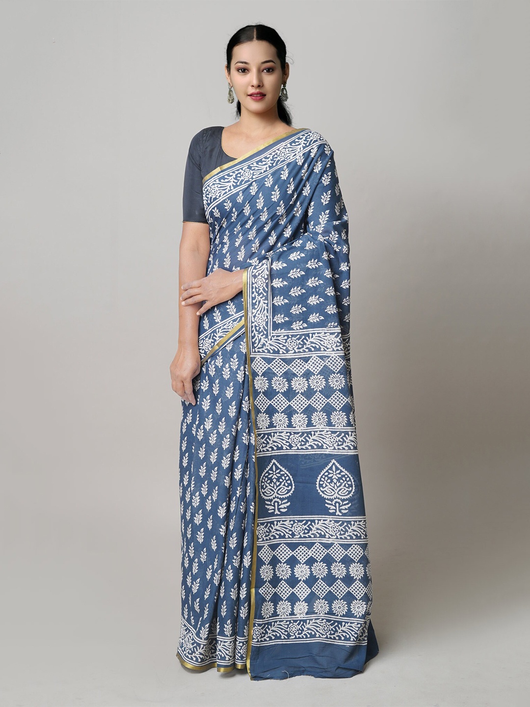 

Unnati Silks Ethnic Motifs Printed Zari Pure Cotton Block Print Saree, Blue