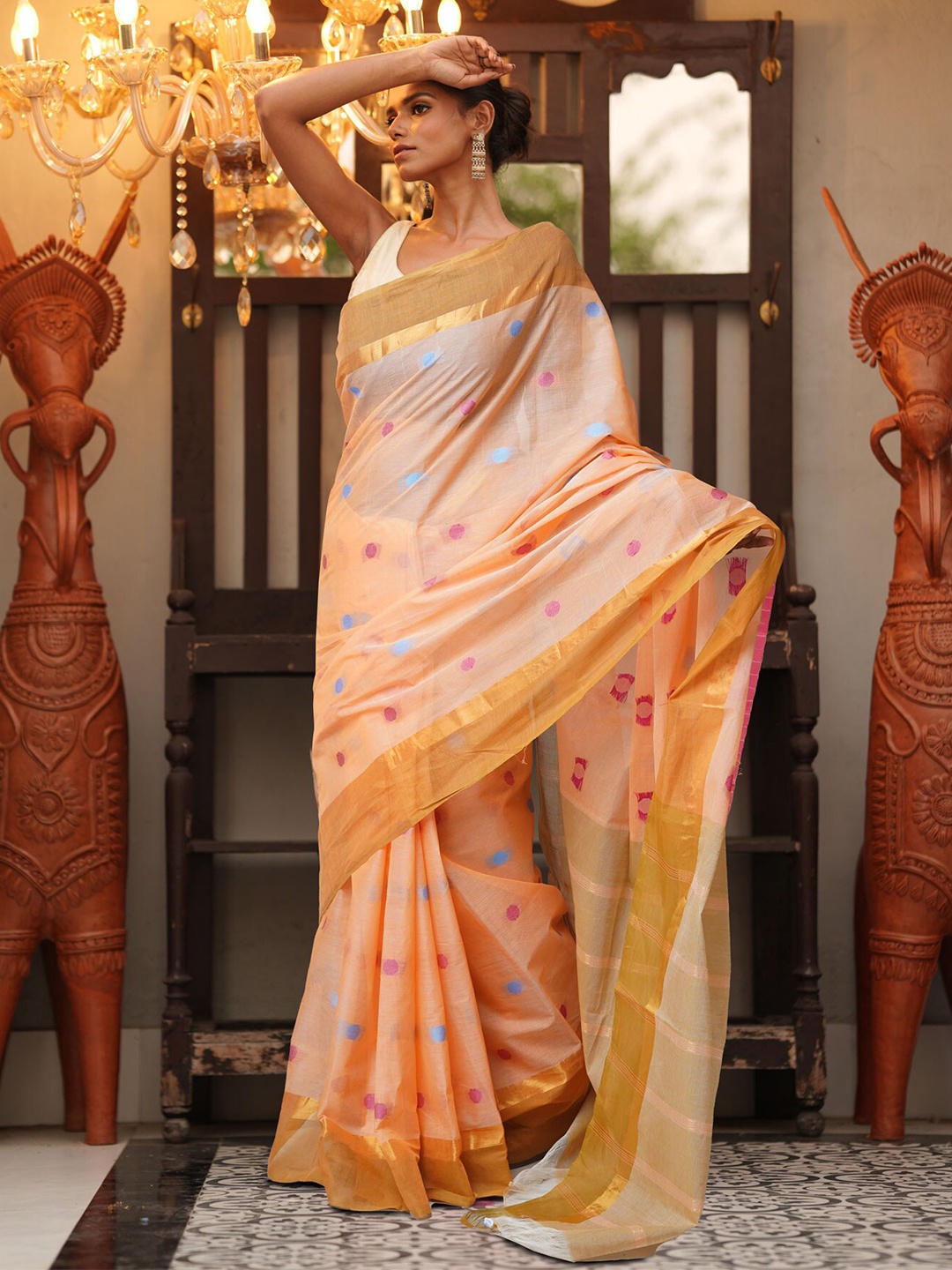 

Unnati Silks Geometric Woven Design Zari Pure Cotton Mangalagiri Saree, Orange
