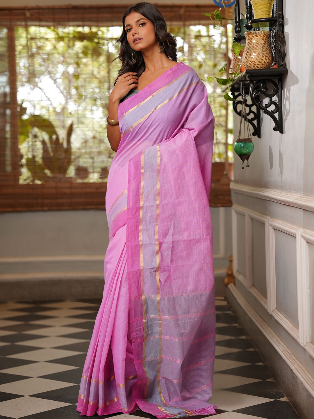 

Unnati Silks Zari Pure Cotton Handloom Mangalagiri Saree, Pink