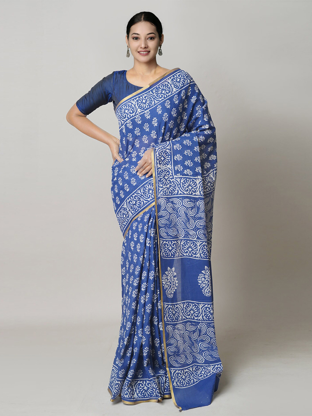 

Unnati Silks Ethnic Motifs Printed Zari Pure Cotton Block Print Saree, Blue