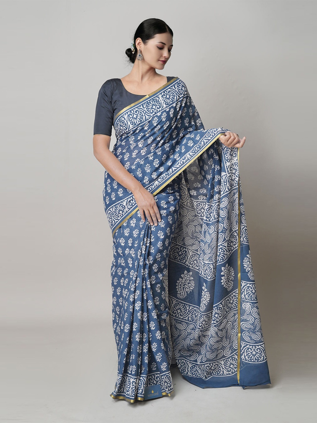 

Unnati Silks Ethnic Motifs Block Printed Zari Pure Cotton Saree, Blue