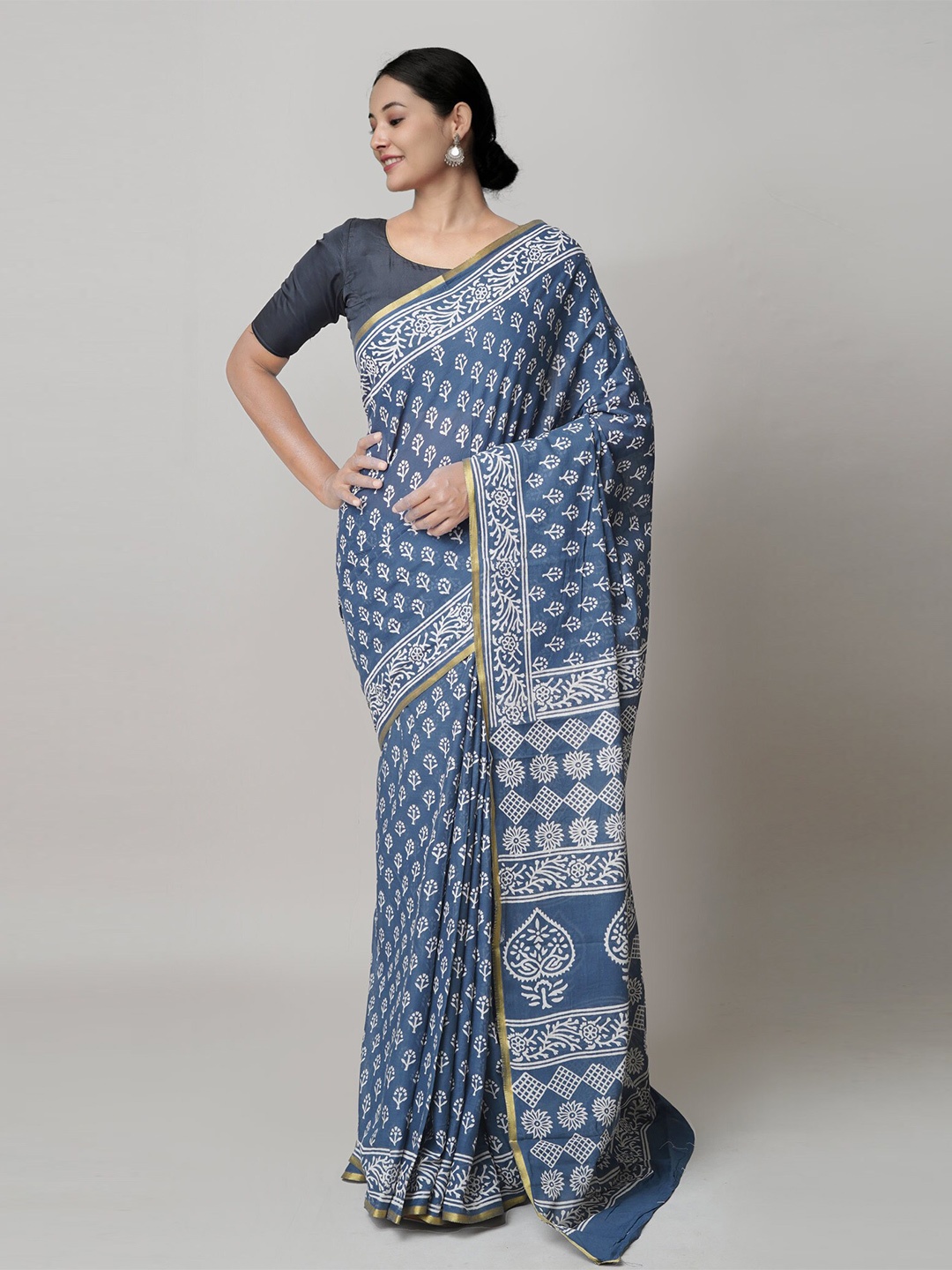 

Unnati Silks Ethnic Motifs Printed Zari Pure Cotton Block Print Saree, Blue