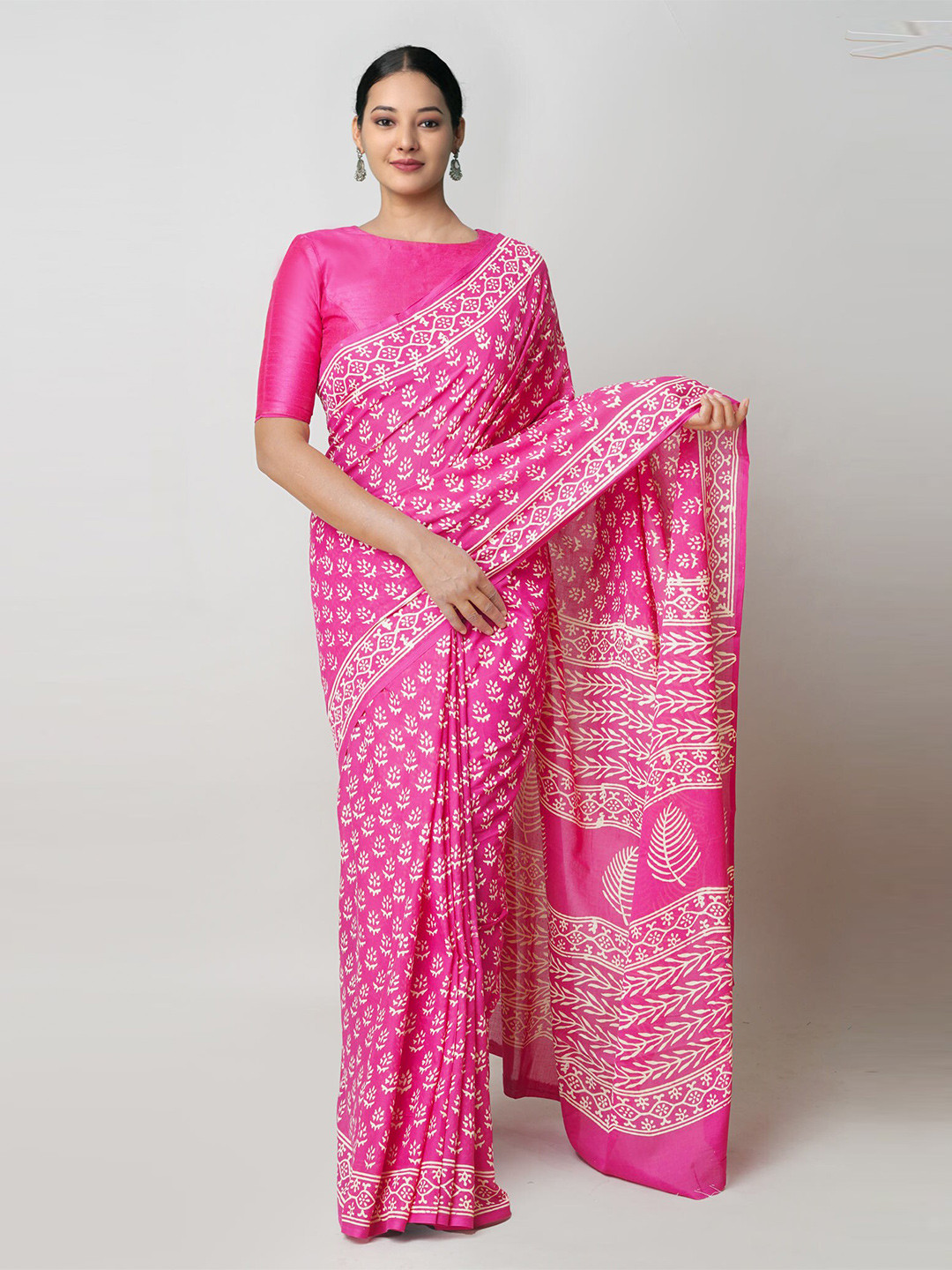 

Unnati Silks Ethnic Motifs Pure Cotton Block Print Saree, Pink