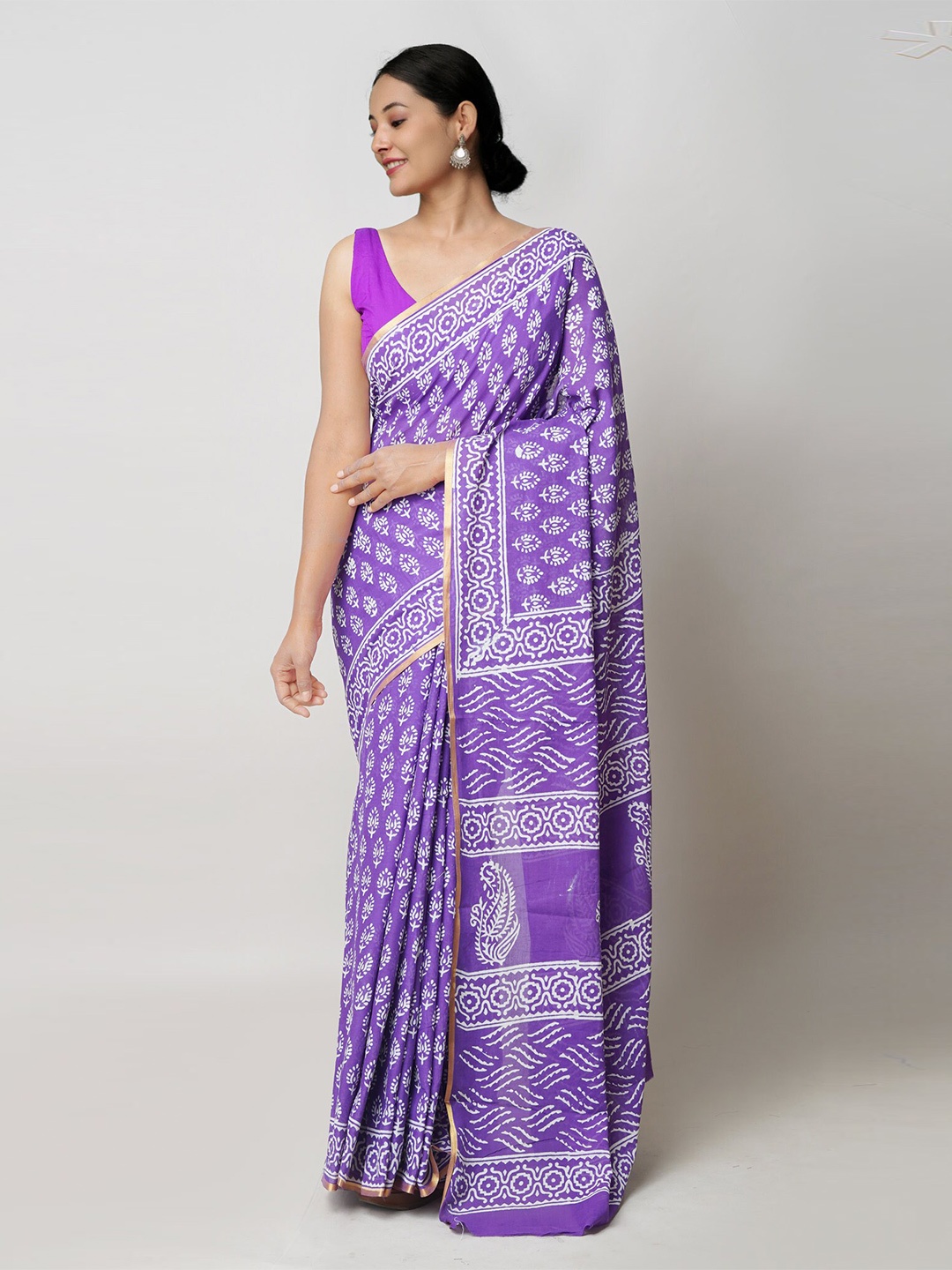 

Unnati Silks Ethnic Motifs Printed Zari Pure Cotton Block Print Saree, Violet