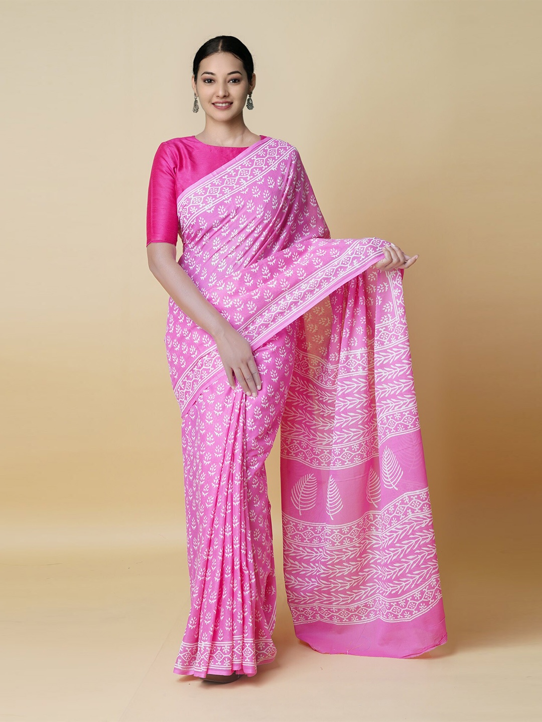 

Unnati Silks Ethnic Motifs Printed Pure Cotton Block Print Saree, Pink