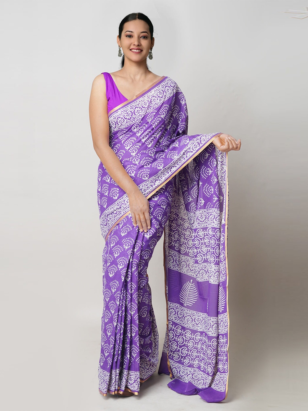 

Unnati Silks Ethnic Motifs Zari Pure Cotton Block Print Saree, Violet