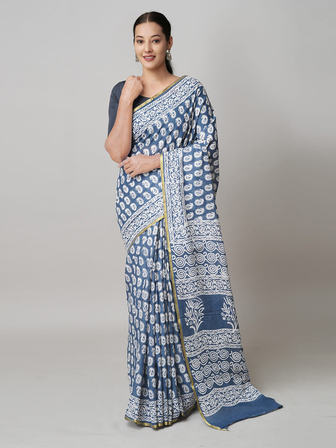 

Unnati Silks Ethnic Motifs Printed Zari Pure Cotton Block Print Saree, Blue