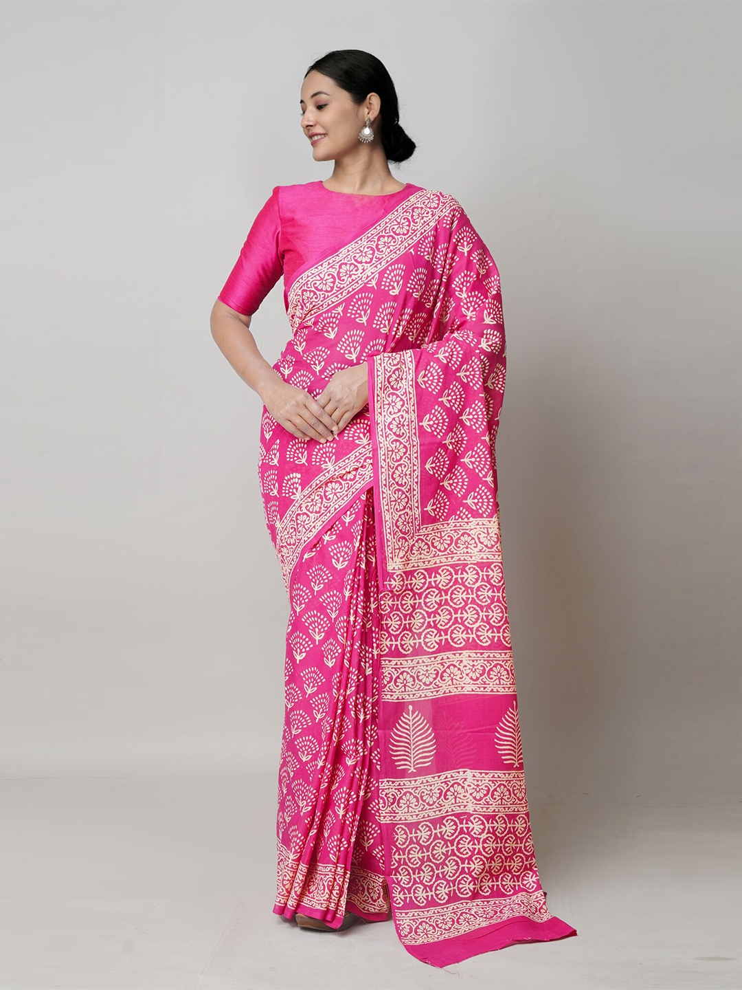 

Unnati Silks Ethnic Motifs Pure Cotton Block Print Saree, Pink