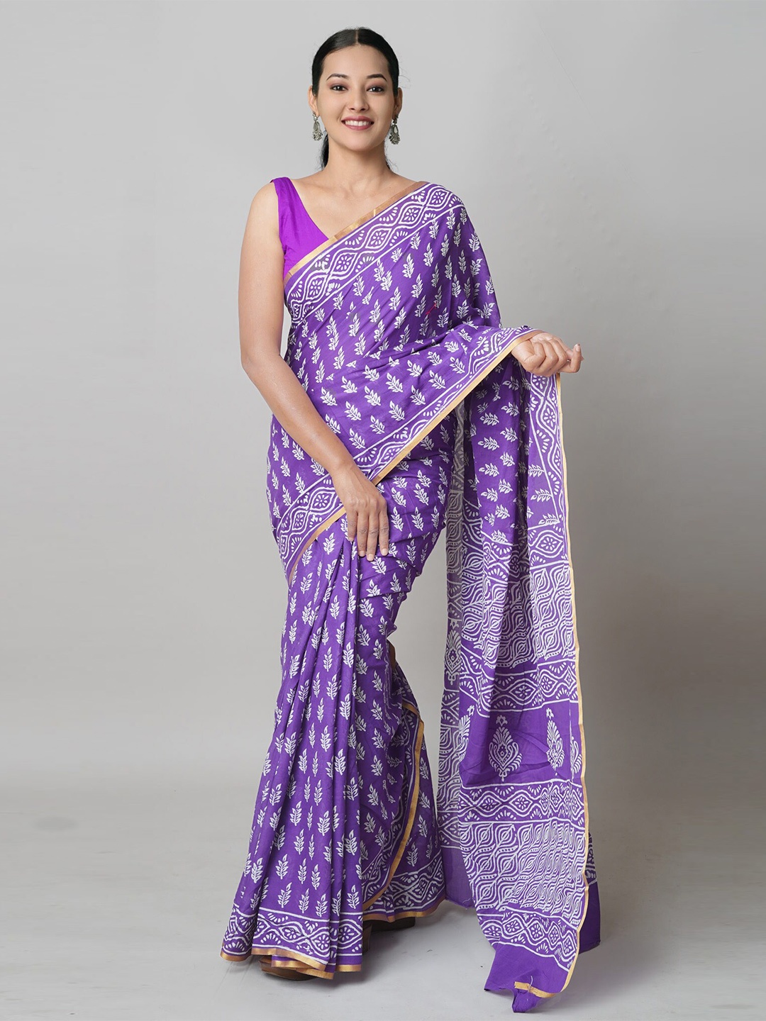 

Unnati Silks Ethnic Motifs Printed Zari Pure Cotton Block Print Saree, Violet