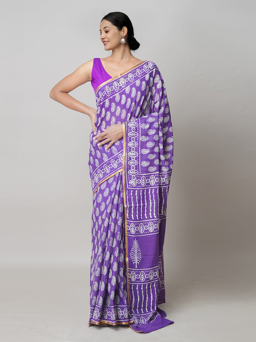 

Unnati Silks Ethnic Motifs Zari Pure Cotton Block Print Saree, Violet