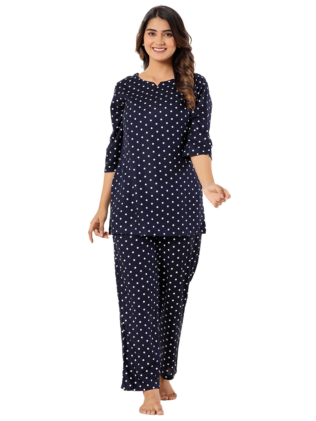 

Krati Creations Polka Dot Printed Night suit, Navy blue