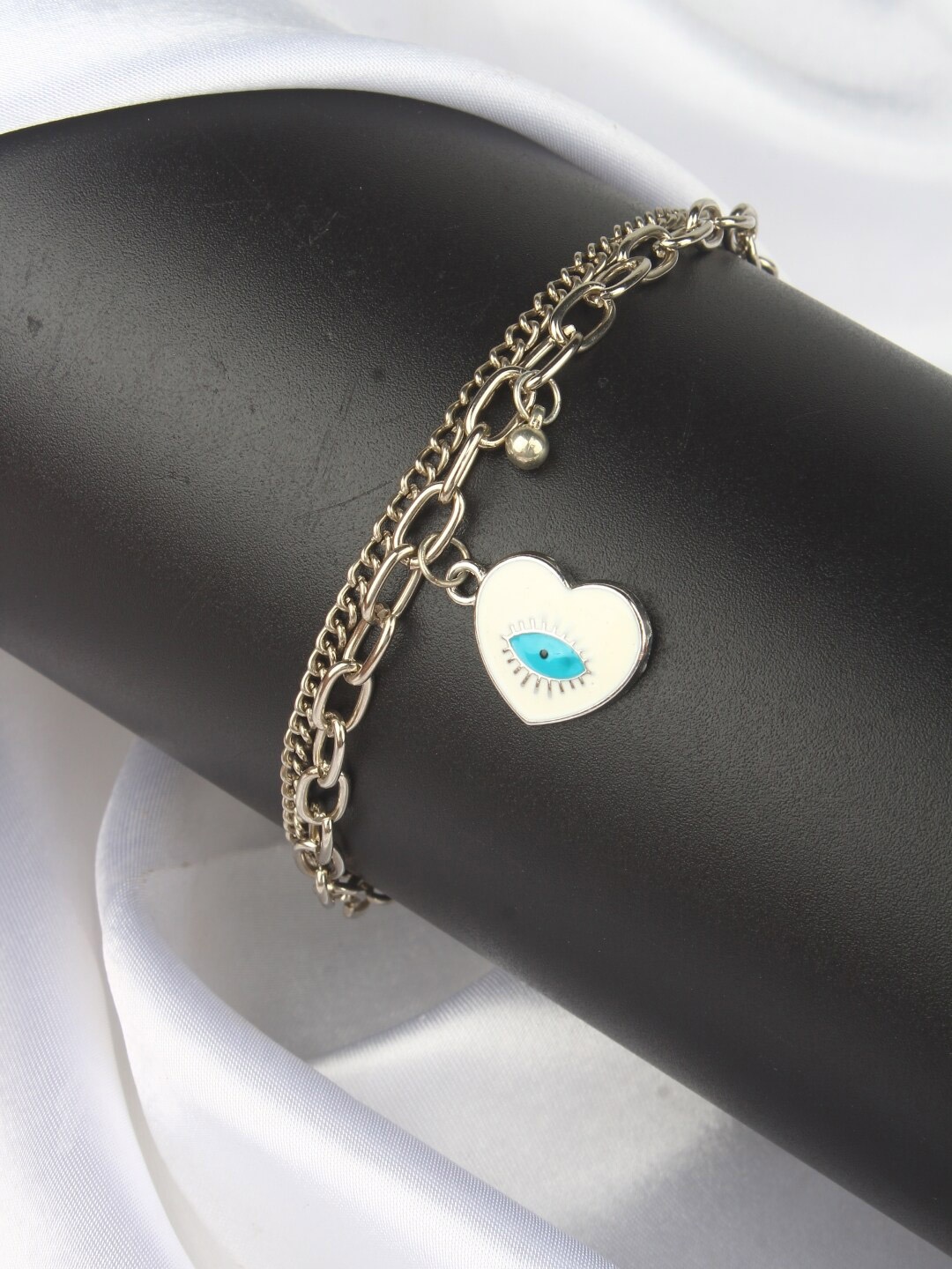 

Stylecast X KPOP Silver Plated Enamelled Heart Shaped Evil Eye Charm Bracelet