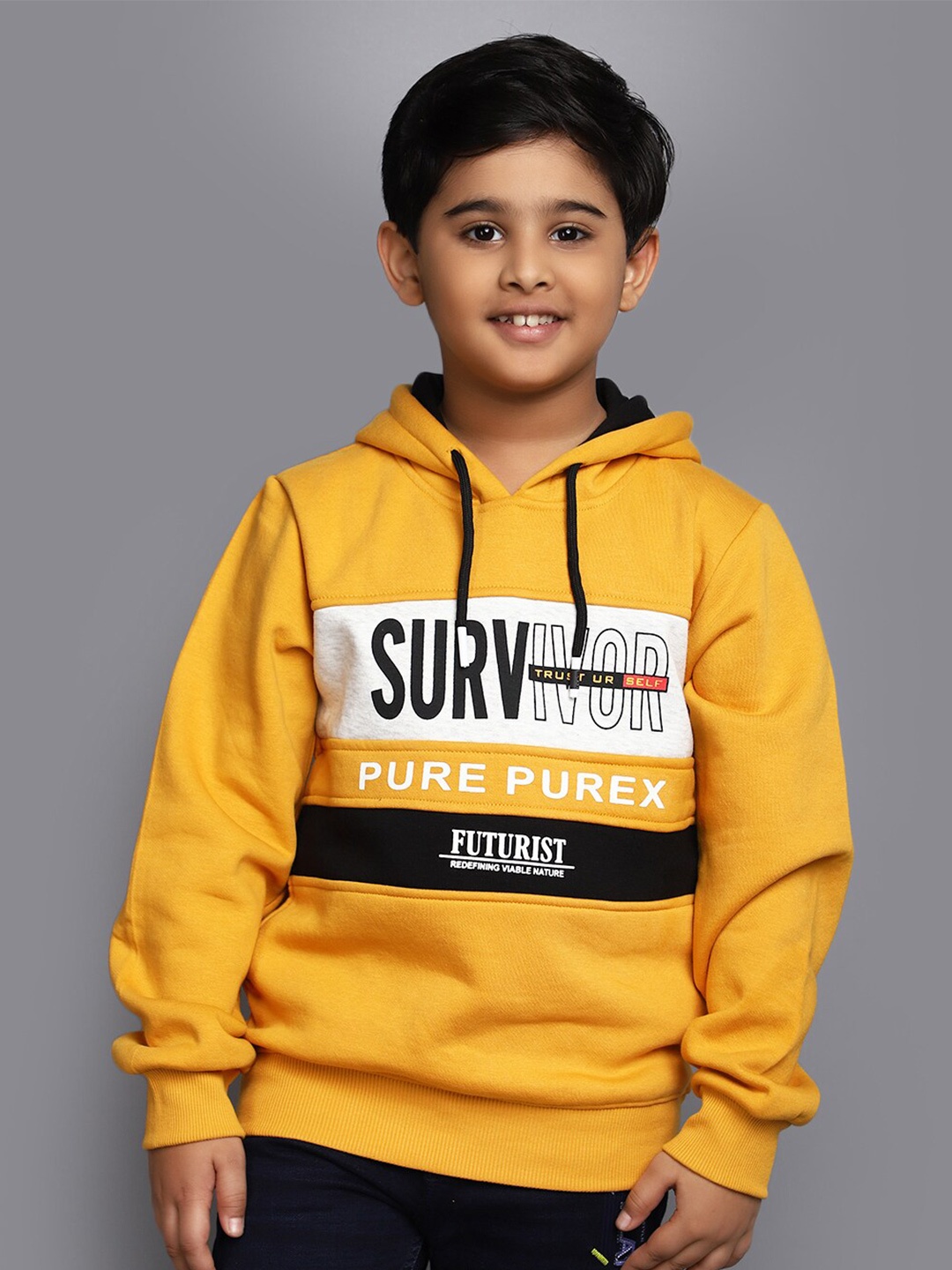 

V-Mart Boys Typography Printed Hooded Long Sleeves Cotton Pullover, Yellow
