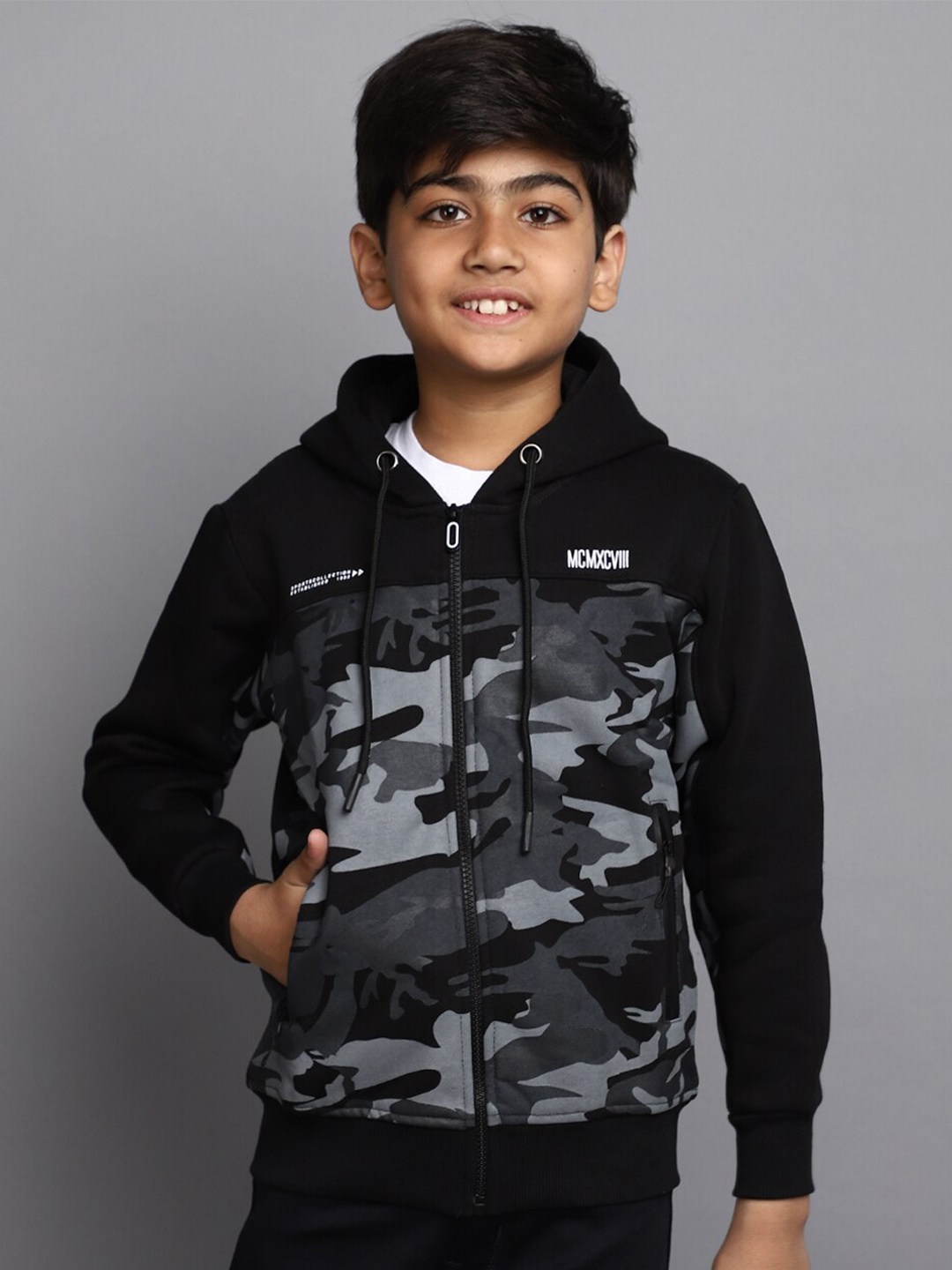 

V-Mart Boys Camouflage Printed Hooded Front-Open Sweatshirt, Black