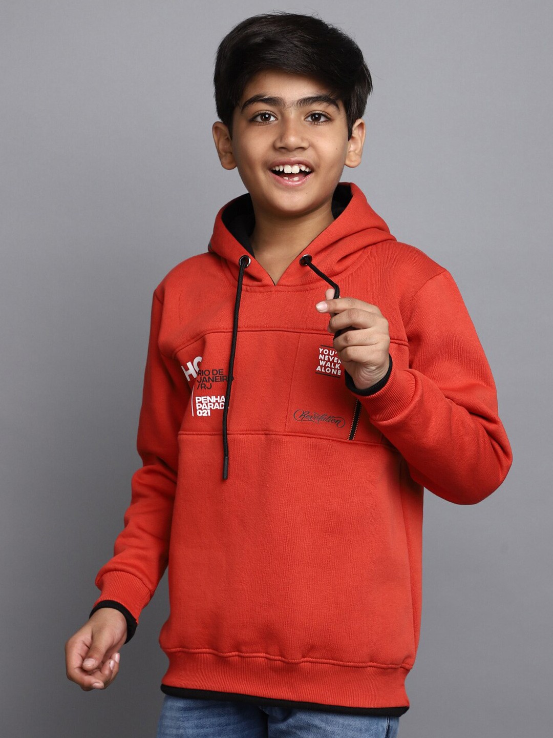 

V-Mart Boys Typography Printed Hooded Long Sleeves Cotton Pullover, Rust