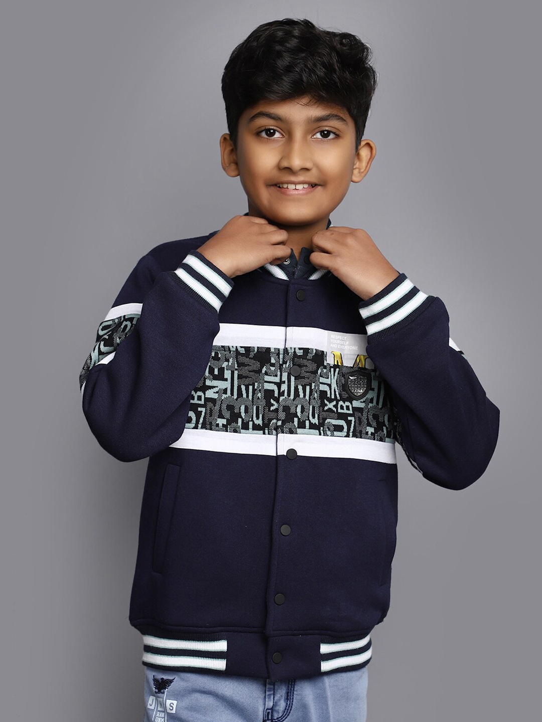 

V-Mart Boys Typography Printed Long Sleeves Cotton Front Open Sweatshirt, Navy blue