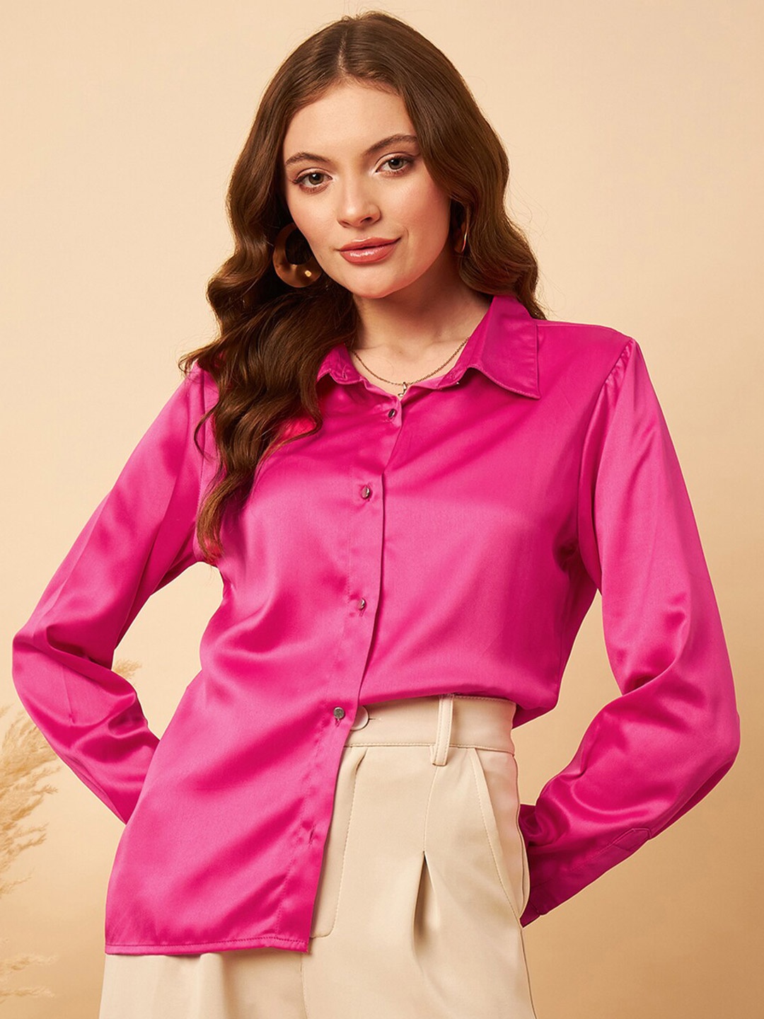 

MINT STREET Classic Spread Collar Satin Casual Shirt, Fuchsia