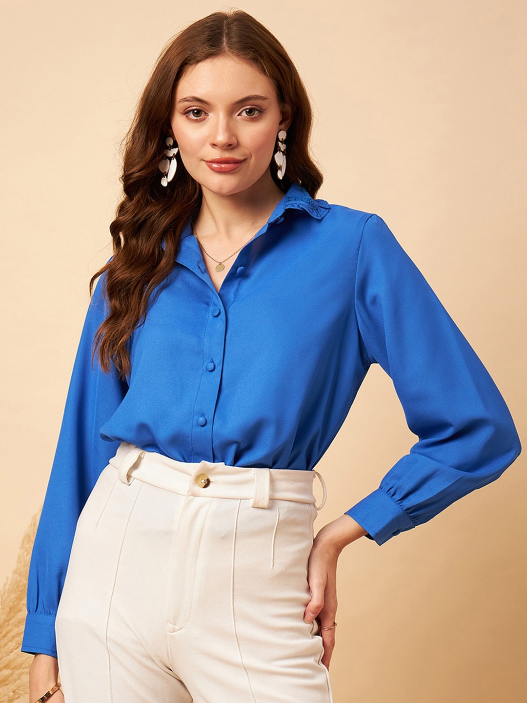 

MINT STREET Shirt Collar Cuffed Sleeves Pleated Detailed Shirt Style Top, Blue