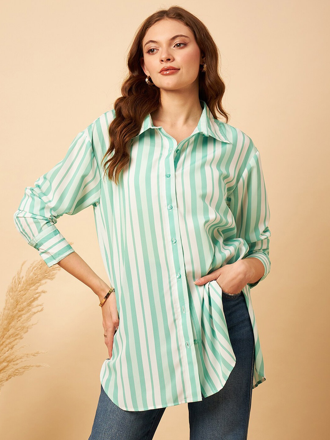 

MINT STREET Classic Vertical Striped Spread Collar Oversized Longline Casual Shirt, Green