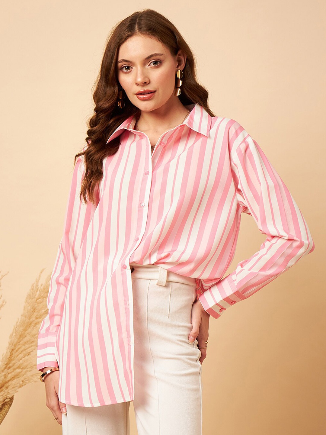 

MINT STREET Striped Classic Oversized Casual Shirt, Pink