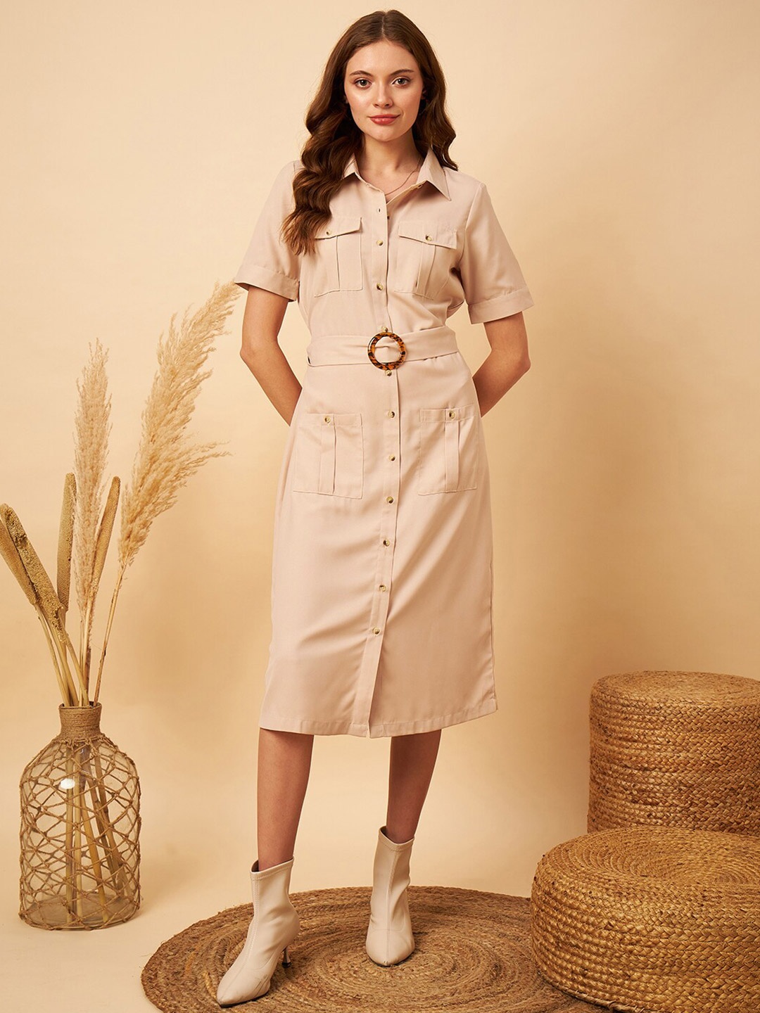 

MINT STREET Short Sleeves Belted Shirt Dress, Cream