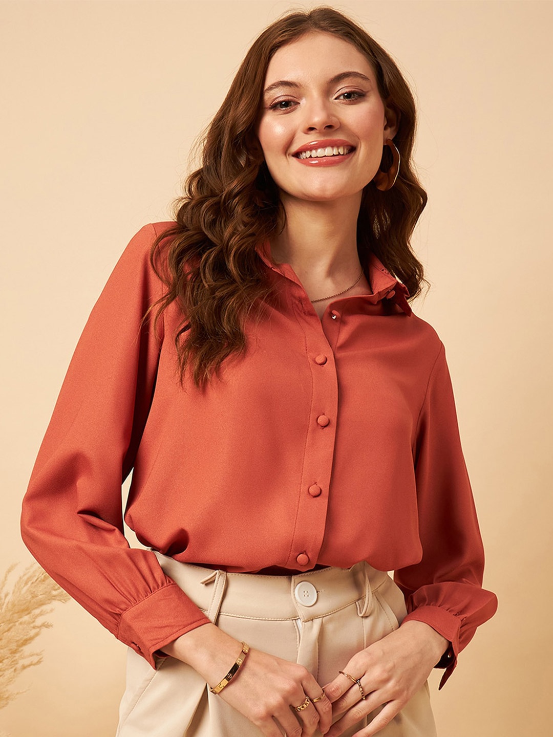 

MINT STREET Shirt Collar Cuffed Sleeves Pleated Detailed Shirt Style Top, Rust