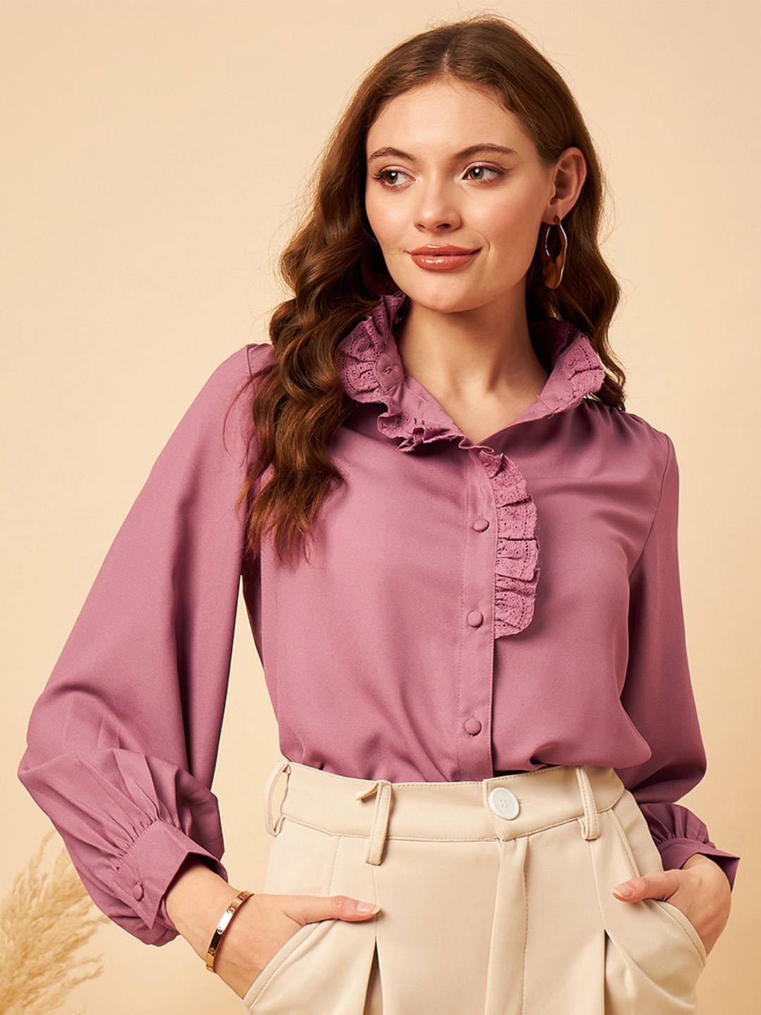 

MINT STREET Shirt Collar Cuffed Sleeves Pleated Detailed Shirt Style Top, Pink