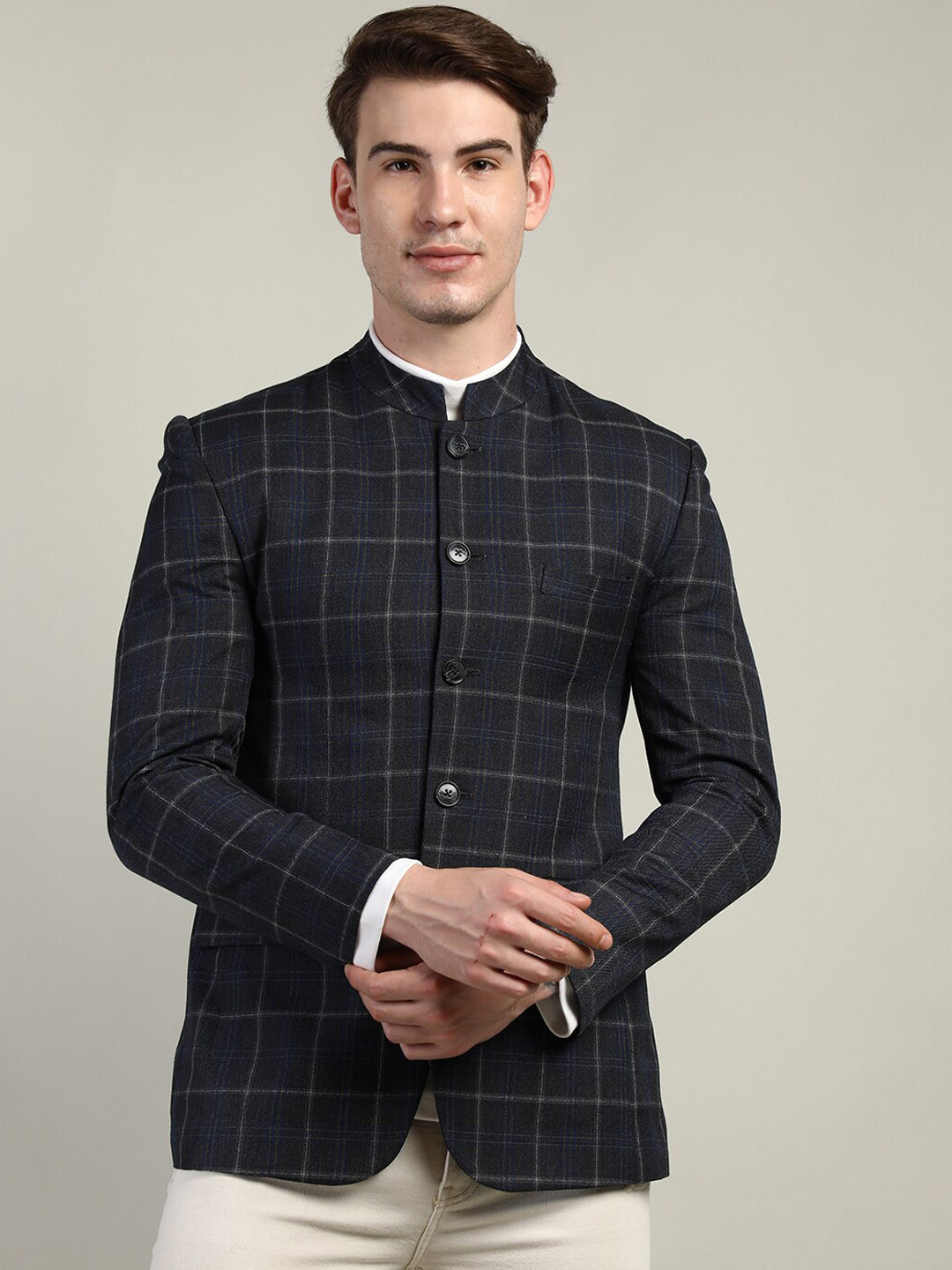 

LURE URBAN Checked Mandarin Collar Single Breasted Woollen Overcoat, Navy blue
