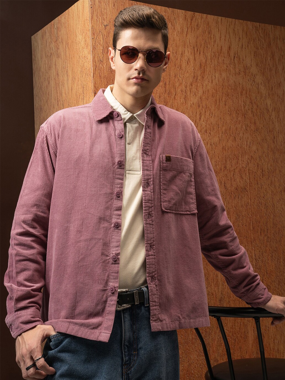 

Locomotive Premium Men Pink Oversized Corduroy Solid Overshirt