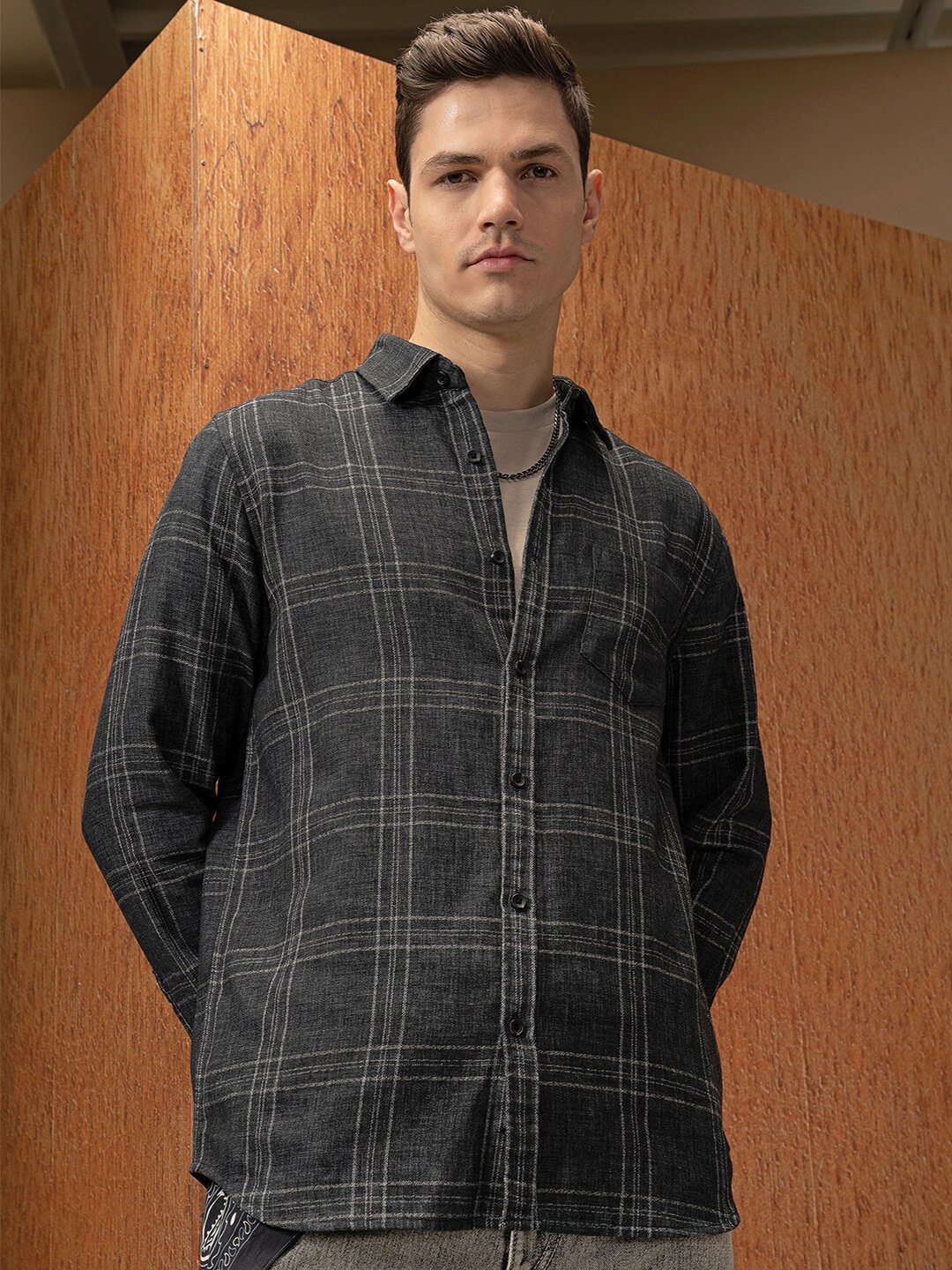 

Locomotive Premium Men Grey Indigo washed Mock Lino Dobby Textured Checked Shirt