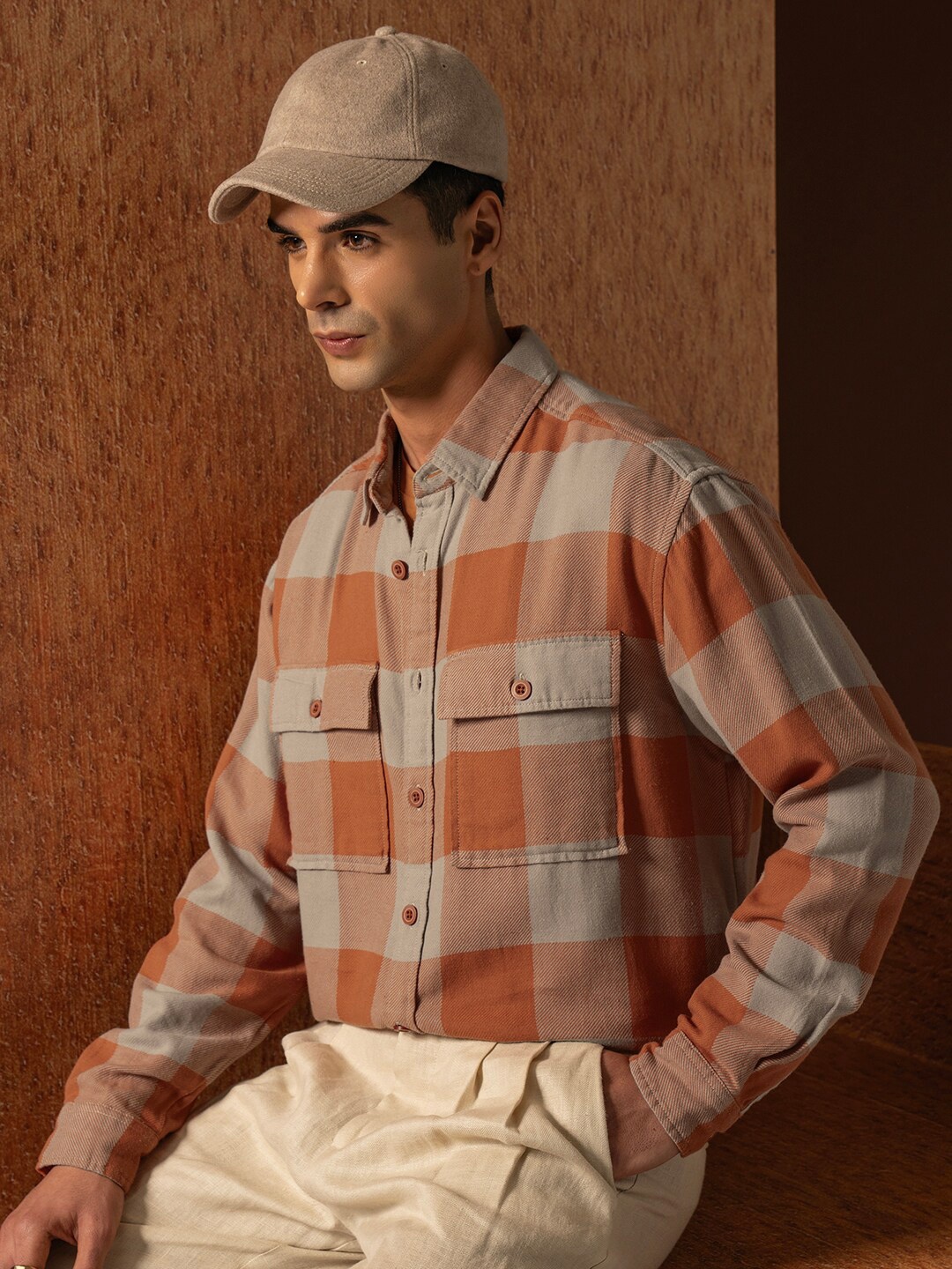 

LOCOMOTIVE Premium Men Oversized Oxford Dobby Textured Checked Overshirt, Rust