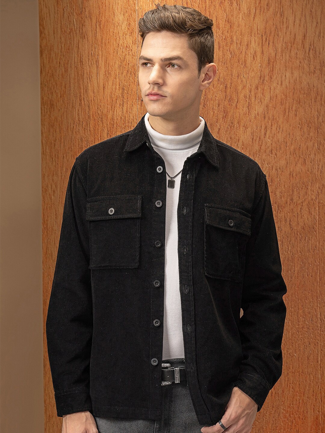 

Locomotive Premium Men Black Oversized Corduroy Solid Utility Pocket Overshirt