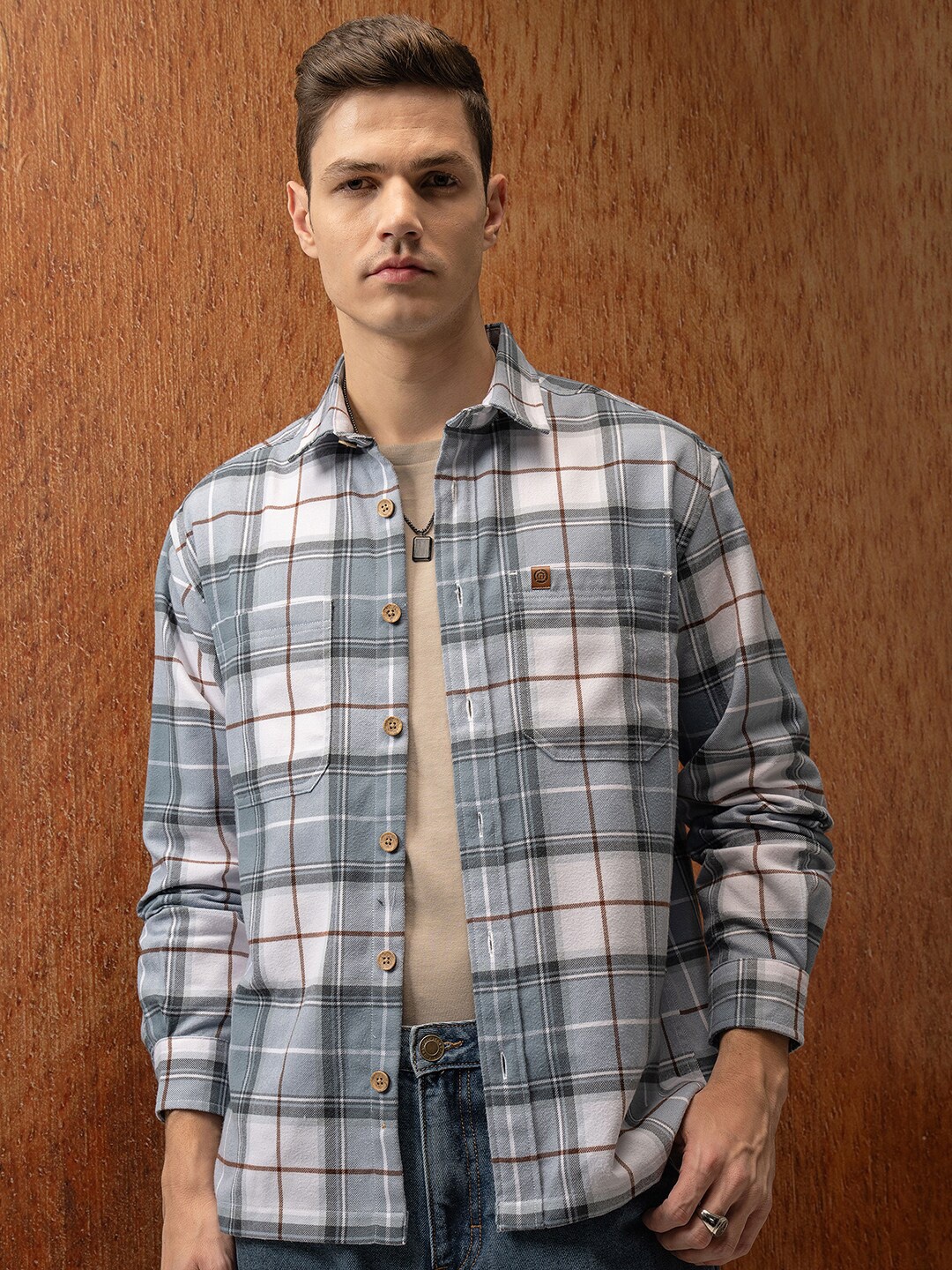 

LOCOMOTIVE Premium Flannel Checked Utility Pocket Overshirt, Blue