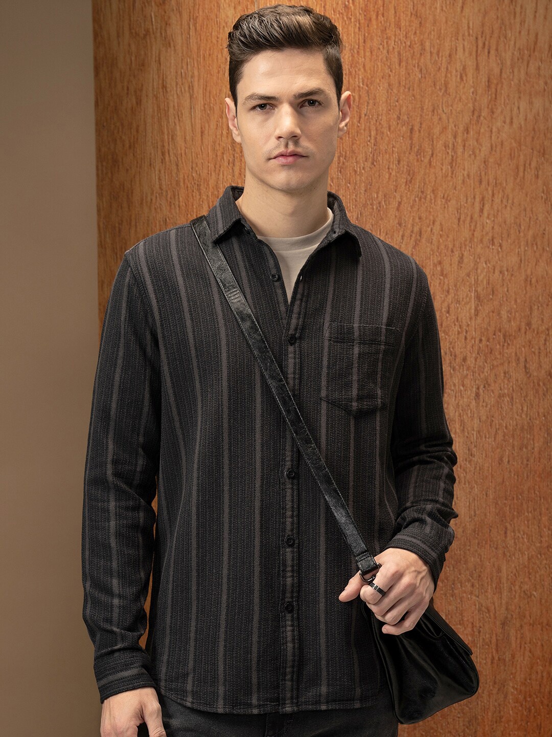 

LOCOMOTIVE Premium Relaxed Fit Dobby Textured Striped Shirt, Grey